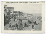 Under the Mushrooms of Midland Beach, Staten Island, N.Y.  [white border, boardwalk scene, and mushroom sun shelters, lots of people]