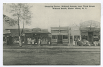 Shopping Center, Midland Avenue, near Third Street, Midland Beach, Staten Island [pub. Wagner Pharmacy]  [Stores: Wagners Pharmacy, donut store, food market and dry goods store, people on street, trolley tracks]