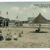 Sanitary Baths & Roller Coaster, South Beach, Staten Island. [buildings, people fully clothed sitting on sand, "mushroom sun shelters" and roller coaster in background.]