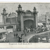 Happyland, South Beach, S. I. [turreted entrance building next to electric theatre,  with people at boardwalk railing looking out over water]