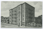 Richmond Apartment, New Brighton, Staten Island, N.Y. [5-story apt. bldg., with row homes in back, two men in street and early century car]