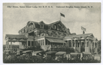 Elk'sHome, Staten Island Lodge 841 B.P.O.E. Oakwood Heights, Staten Island, N.Y. [huge bunting-decorated building with line of old cars parked in front]