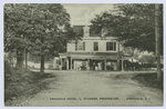 Annadale Hotel, L. Stucker, Proprietor, Annadale, Staten Island  [people on porch, people and wooden wheel carts on side of building, sign over awning The Bachmann...Extra Lager B... ]