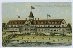 Terra Marine Inn, Huguenot Park, Staten Island, N.Y.  [view of building and dock from beach; people scattered on beach]