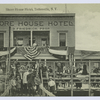 Shore House Hotel,  Tottenville, N.Y. [on front of building- 'Shore House Hotel, O. Friedrich, Prop., many people in old garb posed on deck and dock, hotel draped in flag bunting]