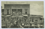 Shore House Hotel,  Tottenville, N.Y. [on front of building- 'Shore House Hotel, O. Friedrich, Prop., many people in old garb posed on deck and dock, hotel draped in flag bunting]