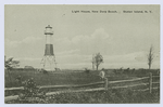 Light House, New Dorp Beach, Staten Island, N.Y. [beacon on wooden supports, man walking in meadow]