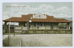 Vanderbilt Ave. Station, Clifton, Staten Island  [view of red-roofed station with people out front, signs reading Vanderbilt Ave. on platform]