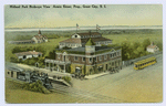 Midland Park Birds-eye View Armin Eitner, Prop., Grant City, Staten Island [wonderful artist-drawn aerial view of large entrance building, horse and carriage in road, trolley on one side of building, coal engine train at station on other side]