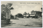 Guyon Avenue, Oakwood Heights, Staten Island  [shops and old cars parked along street and at railroad crossing]