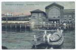 Sailors from U.S. Battleships, Staten Island, N.Y.  [small craft with sailors from battleship "Missouri" approaching pier with many people]