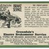 Greendales Electro Brakometer Service, 2129 Richmond Terr., Phone P.R. 1489  [great Advertising card with sales pitch on front  explaining the necessity of brake maintenance and Publicity(sic)  Service  when the ship has sunk, everyone knows