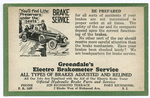 Greendales Electro Brakometer Service, 2129 Richmond Terr., Phone P.R. 1489  great Advertising card with sales pitch on front  explaining the necessity of brake maintenance and Publicity(sic)  Service  when the ship has sunk, everyone knows