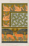 Cygnes et sagittaire, bordure. Pappillons et feuillages, étoffe. Cerfs et biches, frise.