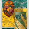 Papillons et pavots, veilleuse émaux translucides. Paons, vase émaux cloisonnés. Oiseaux tenture. Capricornes, jeu de fond. Sauterelles, bordure.