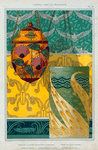 Papillons et pavots, veilleuse émaux translucides. Paons, vase émaux cloisonnés. Oiseaux tenture. Capricornes, jeu de fond. Sauterelles, bordure.