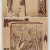 Perroquets, aigle, bois sculpté. Cygnes et iris, porte en bois sculpté.