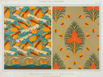 Poissons volants et vagues, papier peint. Cigales et pin, papier peint. Coquilles de nautiles, bordure.
