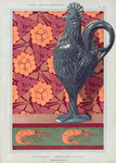 Coq, vase argent ciselé. Ombelles et libellules, jeu de fond. Crevettes, bordure.