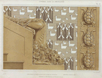 Lion, départ de rampe en pierre pour en escalier monumental. Tortues, carreaux grès. Canards et iris, tenture pour chambre d'enfant.