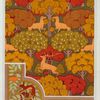 Cerfs et arbres, papier peint. Écureuil oiseaux et sorbier, bordure.