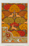 Cerfs et arbres, papier peint. Écureuil oiseaux et sorbier, bordure.