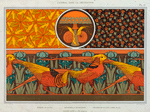 Oiseaux, jeu de fond. Escargots et champignon. Coccinelles et capillaires, étoffe. Faisan dorés et iris, bordure.