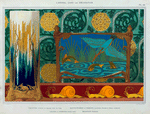 Crevettes, support en bronze pour un vase. Martin-pêcheur et poissons, jardinière bronze et émail cloisonné. Lézards et aubépine, papier peint. Escargots, bordure.