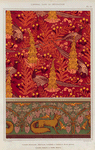 Faisans ordinaires, digitales, fougères et pissenlit, étoffe imprimée. Renard, oiseaux et vigne, bordure.