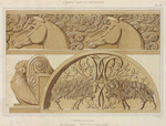 Chevaux, frise en pierre. Coq, amortissement. Boucs, tympan en pierre sculptée.