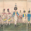 Bataillon. Two soldiers with drums, one with a trumpet, one officer on a horseback