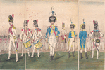 Bataillon. Two soldiers with drums, one with a trumpet, one officer on a horseback