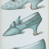 [Single strap shoe in French grey satin, and two blue shoes, all embroidered.]