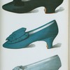 [Deep rich purple satin shoe with bow, made by Meier of Paris; English shoe of bright blue silk; pale blue silk shoe.]