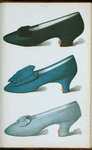 Deep rich purple satin shoe with bow, made by Meier of Paris; English shoe of bright blue silk; pale blue silk shoe