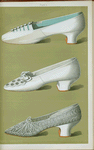 Shoe of white silk with small netted buttons resting on straps; white satin shoe embroidered in crystal beads and silk twist, with open-work meshes at the toe; shoe of cream silk guipure, the back of which is kept in place with satin-covered stiffening