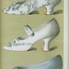 [Shoe of silver brocade; shoe embroidered in white silk and silver beads, with a single ankle strap; shoe of plain silver kid with enlongated toe, beaded by small silver ornament.]