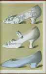Shoe of silver brocade; shoe embroidered in white silk and silver beads, with a single ankle strap; shoe of plain silver kid with enlongated toe, beaded by small silver ornament