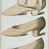 Heliotrope colored footwear : satin boot; satin shoe with trio of steel daisies; satin bridesmaid's shoe with silk ribbon bow