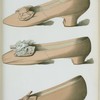 [Heliotrope satin shoe with bow of the same material covering elastic strap; heliotrope silk shoe, decorated with real lace; lilac satin shoe with embroidered flower.]