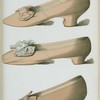 Heliotrope satin shoe with bow of the same material covering elastic strap; heliotrope silk shoe, decorated with real lace; lilac satin shoe with embroidered flower
