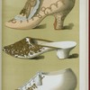 Imperial shoe, with lace, gold embroidery, beadwork, and knot of gold lace and tassels; Algiers slipper with covering of patterned gold; evening "Oxford" shoe