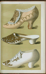 Imperial shoe, with lace, gold embroidery, beadwork, and knot of gold lace and tassels; Algiers slipper with covering of patterned gold; evening "Oxford" shoe