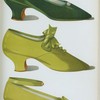 Velvet shoe; shoe with silk embroidery in chain stitch and French knots; shoe of watered silk, with pink satin on the inside, and a single button strap