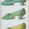 [Eau-de-nil satin shoe worn by Miss Ada Cavendish as Lady Teazle; beaded shoe; yellowish green shoe.]