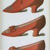 [Satin Oxford shoe, embroidered in steel beads in a floral pattern; deep red shoe with toe embroidered in gold thread; deep crimson shoe with embroidery of gold thread with white beads.]