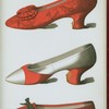 Brocade shoe; red and white satin shoe; shoe belonging to Rosa Anderson, a fair maid of Perth, whose elopement created a great sensation in bygone days in the town, to whose Council her husband belonged.]