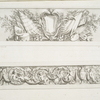 Two friezes : symbolic objects; putti, acanthus leaves, mythological creature and vases