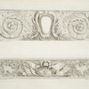 Two friezes : acanthus leaves, cornucopias and fish; arms and armor