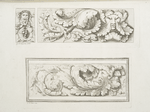 Two examples of ornamentation with acanthus leaves and faces; ornamentation with acanthus leaves and face